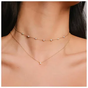 Boho Layered Crystal Necklace Gold Rhinestone Pendant Necklace Sparkle Cz Chain Necklace Wedding Solitaire Necklace Chain Jewelry for Women and Girls (Gold)