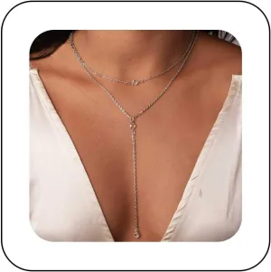Boho Layered Cz Choker Necklace Crystal Y Lariat Necklace Silver Gemstone Y Necklace Long Cz Drop Necklace Jewelry for Women