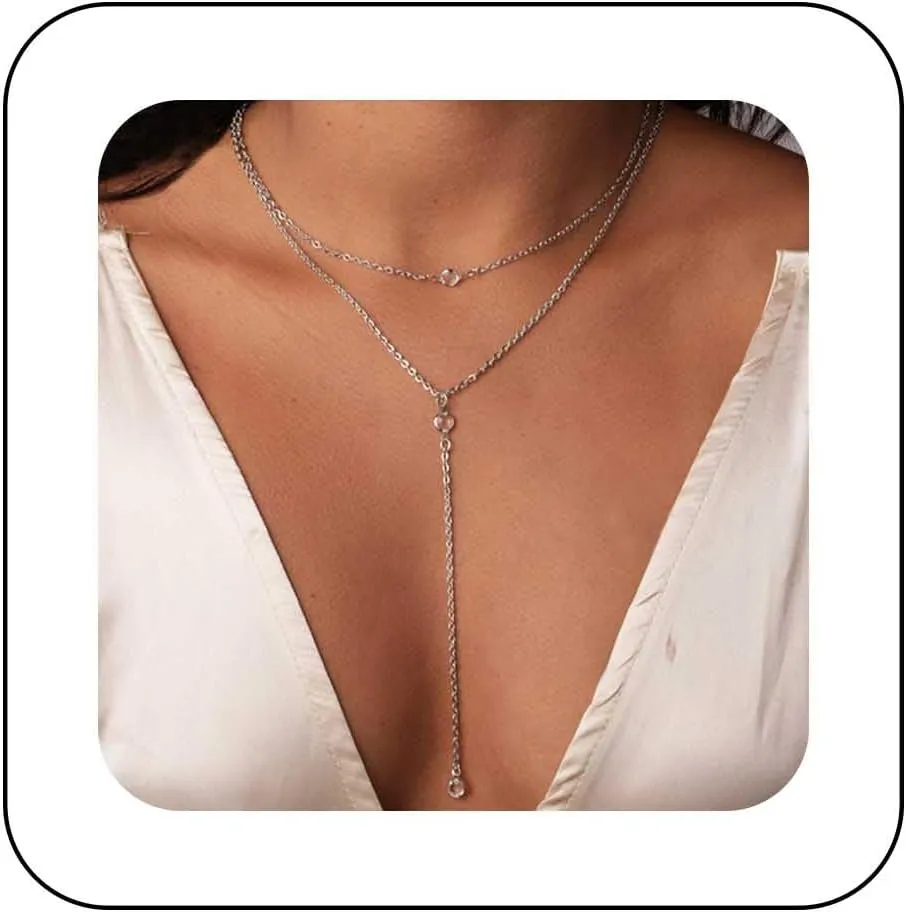 Boho Layered Cz Choker Necklace Crystal Y Lariat Necklace Silver Gemstone Y Necklace Long Cz Drop Necklace Jewelry for Women
