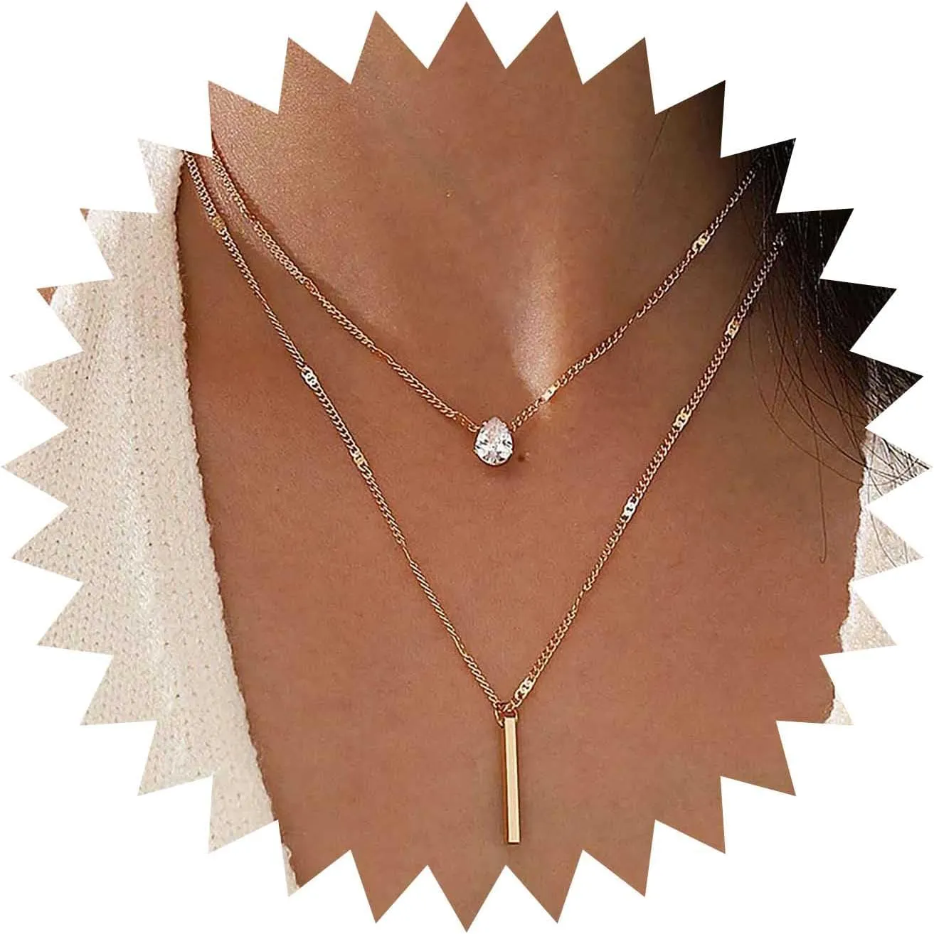 Boho Layered Cz Teardrop Necklace Vertical Bar Pendant Necklace Gold 3D Bar Necklace Crystal Teardrop Choker Necklace Jewelry for Women