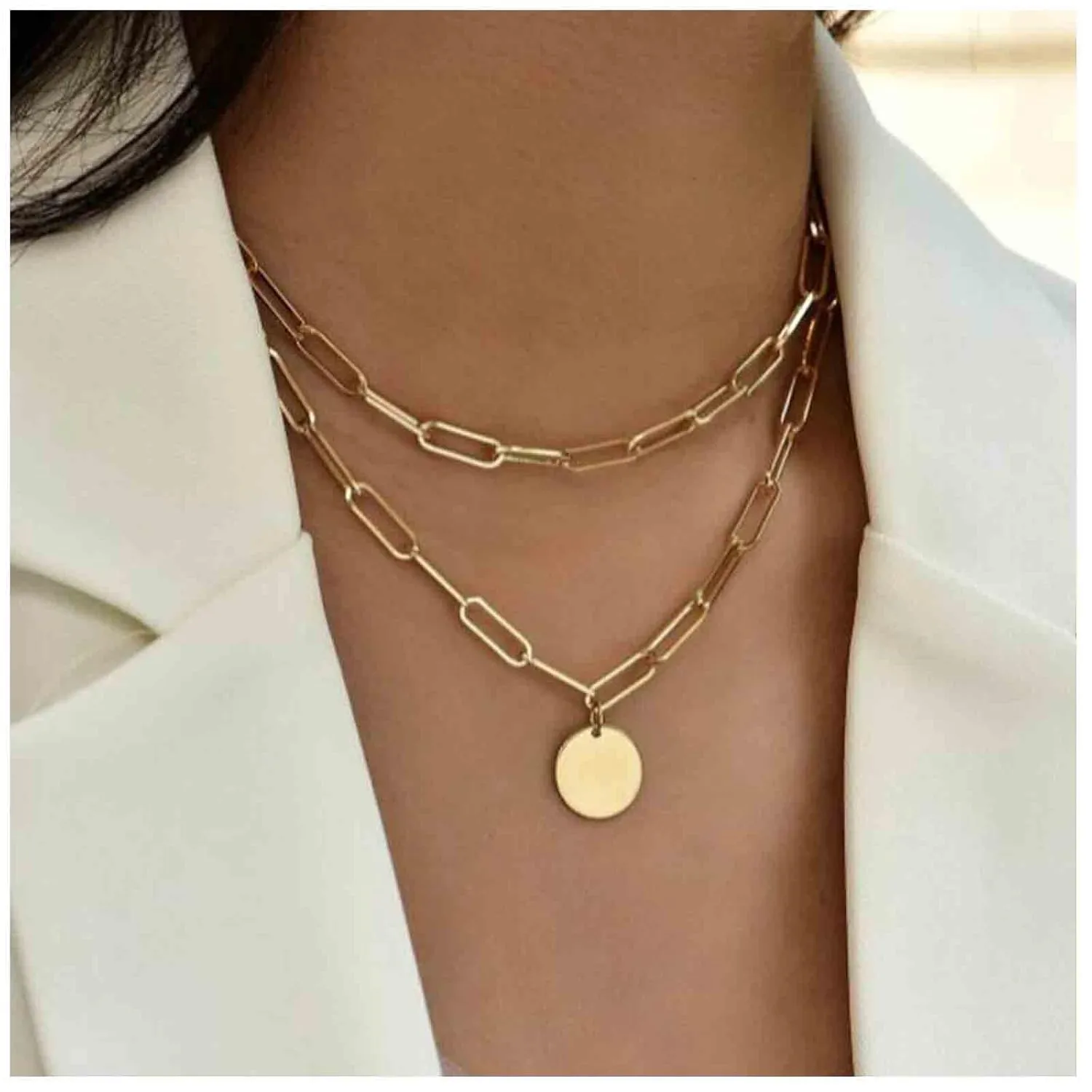 Boho Layered Disc Necklace Gold Paperclip Chain Choker Necklace Vintage Coin Pendant Necklace Punk Chunky Chain Necklace Jewelry for Women (Gold)