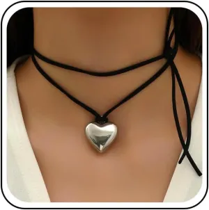 Boho Layered Heart Choker Necklace Black Velvet Collar Necklace Silver Love Heart Necklace Heart Velvet Necklace Puffed Heart Chain Necklace Jewelry for Women