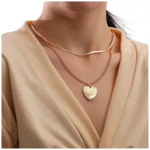 Boho Layered Heart Necklace Puffed Heart Pendant Necklace Gold Herringbone Chain Necklace Flat Snake Necklace Chain Jewelry for Women and Girls