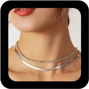 Boho Layered Herringbone Choker Necklace Silver Tennis Chain Necklace Flat Snake Chain Necklace Sparkly Cz Rhinestone Necklace Jewelry for Women
