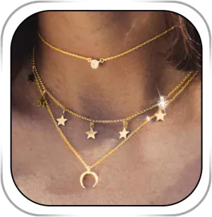 Boho Layered Moon Pendant Necklace Gold Star and Crystal Choker Necklace Chain Jewelry for Women