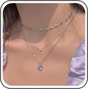 Boho Layered Moonstone Heart Pendant Necklace, Silver, Women's Choker, 18 Inches, Chain, Fashion, Gift
