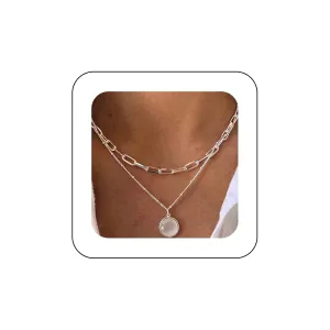 Boho Layered Moonstone Necklace Silver Opal Moonstone Pendant Necklace Paper Clip Chain Choker Necklace Punk Flat Chain Necklace Jewelry for Women (Silver)