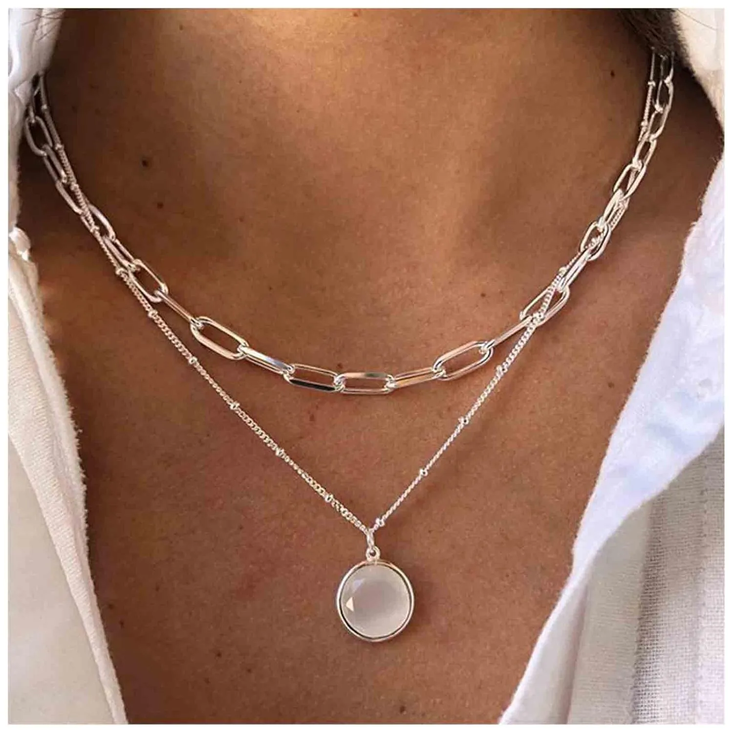 Boho Layered Moonstone Necklace Silver Opal Moonstone Pendant Necklace Paper Clip Chain Choker Necklace Punk Flat Chain Necklace Jewelry for Women (Silver)