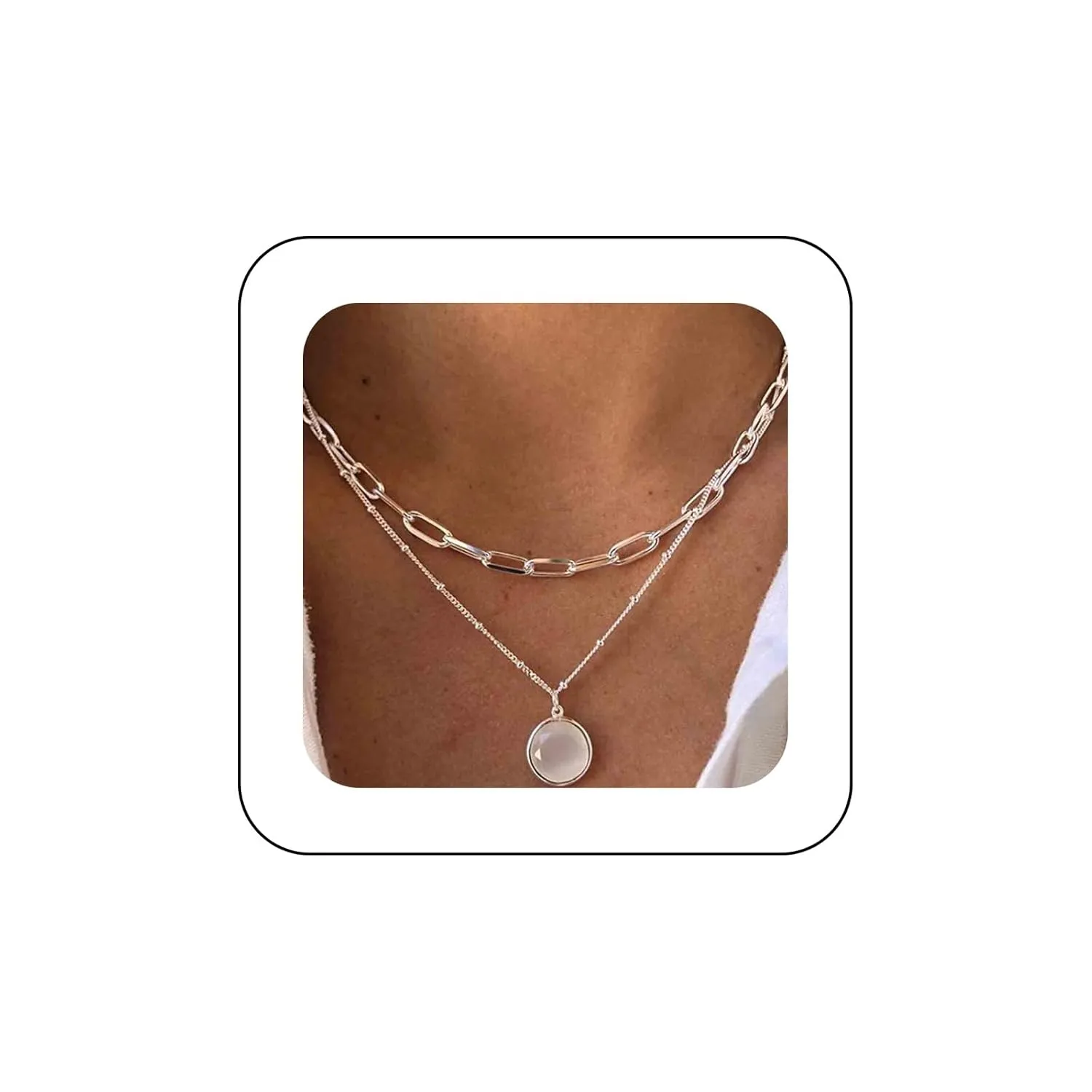 Boho Layered Moonstone Necklace Silver Opal Moonstone Pendant Necklace Paper Clip Chain Choker Necklace Punk Flat Chain Necklace Jewelry for Women (Silver)