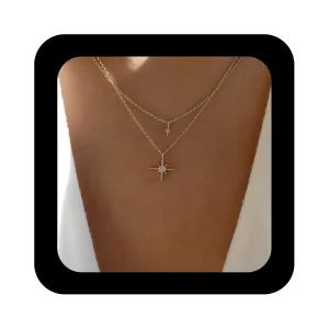 Boho Layered Northstar Necklace Crystal North Star Pendant Necklace Cz Star Choker Necklace Gold Rhinestone Starburst Necklace Jewelry for Women