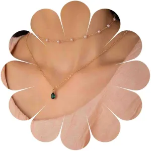 Boho Layered Pearl Choker Necklace Teardrop Emerald Pendant Necklac Vintage Emerald Green Necklace Wedding Green Crystal Necklace Chain Jewelry for Women