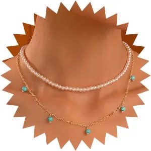 Boho Layered Pearl Choker Necklace Turquoise Pearl Necklace Gold Turquoise Necklace Chain Pearl Bead Collar Necklace Turquoise Gemstone Necklace Jewelry for Women