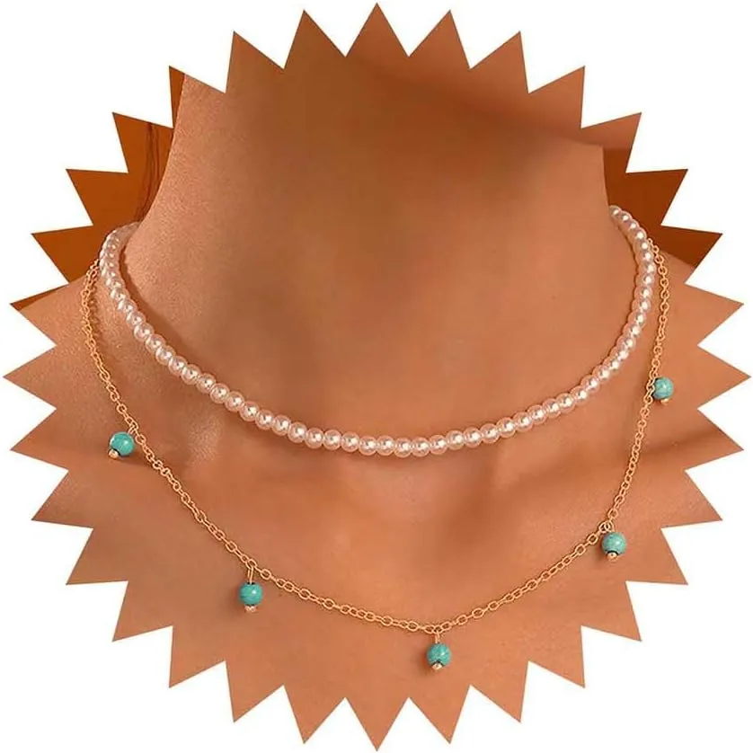 Boho Layered Pearl Choker Necklace Turquoise Pearl Necklace Gold Turquoise Necklace Chain Pearl Bead Collar Necklace Turquoise Gemstone Necklace Jewelry for Women