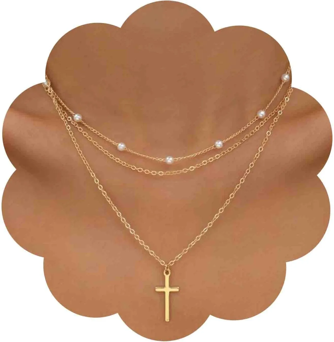 Boho Layered Pearl Cross Necklace Gold Cross Pendant Necklace Tiny Pearl Choker Necklace Religious Cross Chain Necklace Jewelry for Women