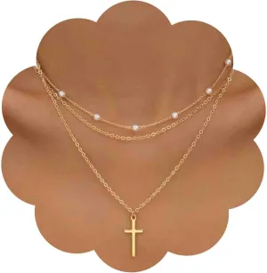 Boho Layered Pearl Cross Necklace Gold Cross Pendant Necklace Tiny Pearl Choker Necklace Religious Cross Chain Necklace Jewelry for Women