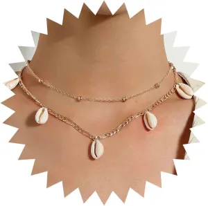 Boho Layered Shell Necklace Choker Gold Cowrie Shell Choker Necklace Dangle Seashell Choker Vintage Layering Necklace Chain Jewelry for Women