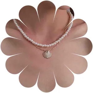 Boho Layered Shell Necklace Choker Gold Scallop Pendant Necklace Layering Pearl Choker Necklace Wedding Necklace Chain Jewelry for Women