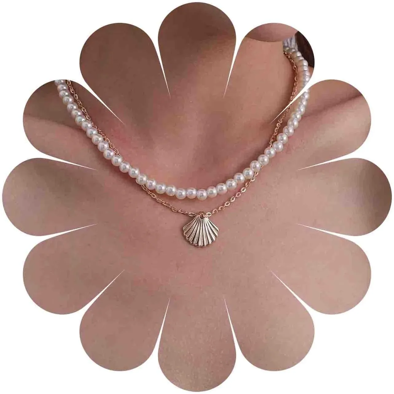 Boho Layered Shell Necklace Choker Gold Scallop Pendant Necklace Layering Pearl Choker Necklace Wedding Necklace Chain Jewelry for Women