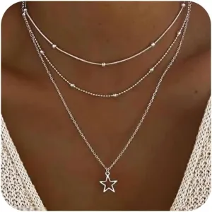 Boho Layered Star Choker Necklace - Silver Star Pendant & Satellite Chain Necklace for Women