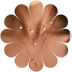 Boho Layered Star Necklace Choker Gold Crescent Moon Pendant Necklace Rhinestone North Star Necklace CZ Star Charm Festival Celestial Necklace Jewelry for Women