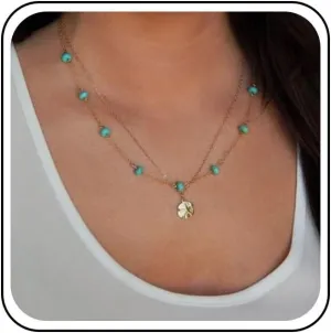 Boho Layered Turquoise Choker Necklace hammered Coin Pendant Necklace Turquoise Bead Necklace Chain Gold Disc Necklace Jewelry for Women