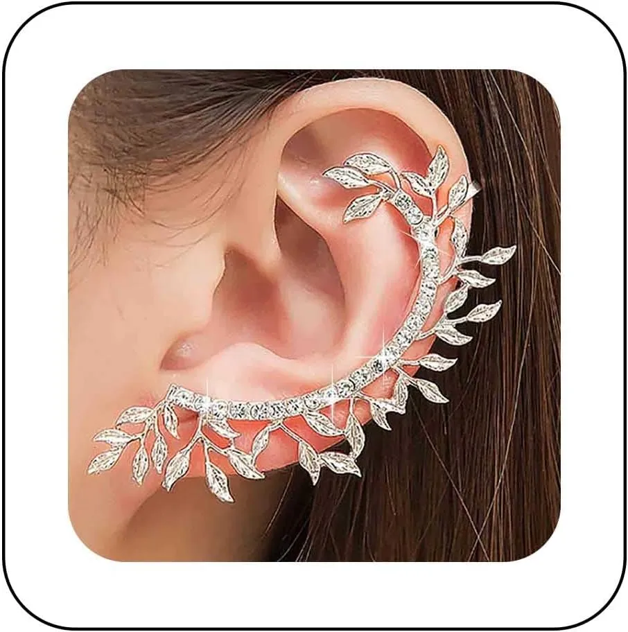 Boho Leaf Climber Cuff Earrings Cz Leaf Ear Wrap Earrings Silver Leaves Ear Cuff Earrings Leaves Ear Crawler Earrings Crystal Leaf Earrings Jewelry for Women
