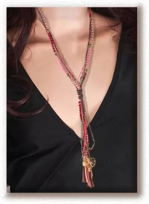 Boho Long Chain necklace Y Necklace Pink Beaded Necklace Handmade Brown Beaded Chain Necklace Gold Tassels Vintage Style Necklace for Women