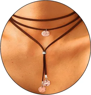 Boho Necklace for Women, Trendy Unique Layered Choker Necklace Simple Round Pendant Adjustable Ethnic Style Necklace for Women Jewelry Gifts