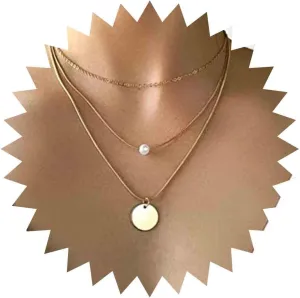 Boho Pearl Coin Choker Necklace Gold Disc Pendant Necklace Layered Pearl Necklace Vintage Round Snake Necklace Chain Jewelry for Women