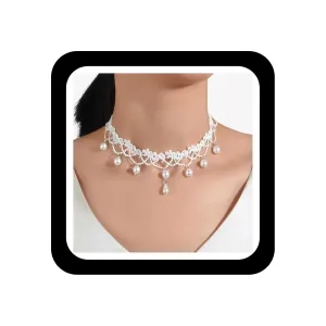 Boho Pearl Necklace White Lace Choker Vintage Pearl Pendant Chain Jewelry for Women