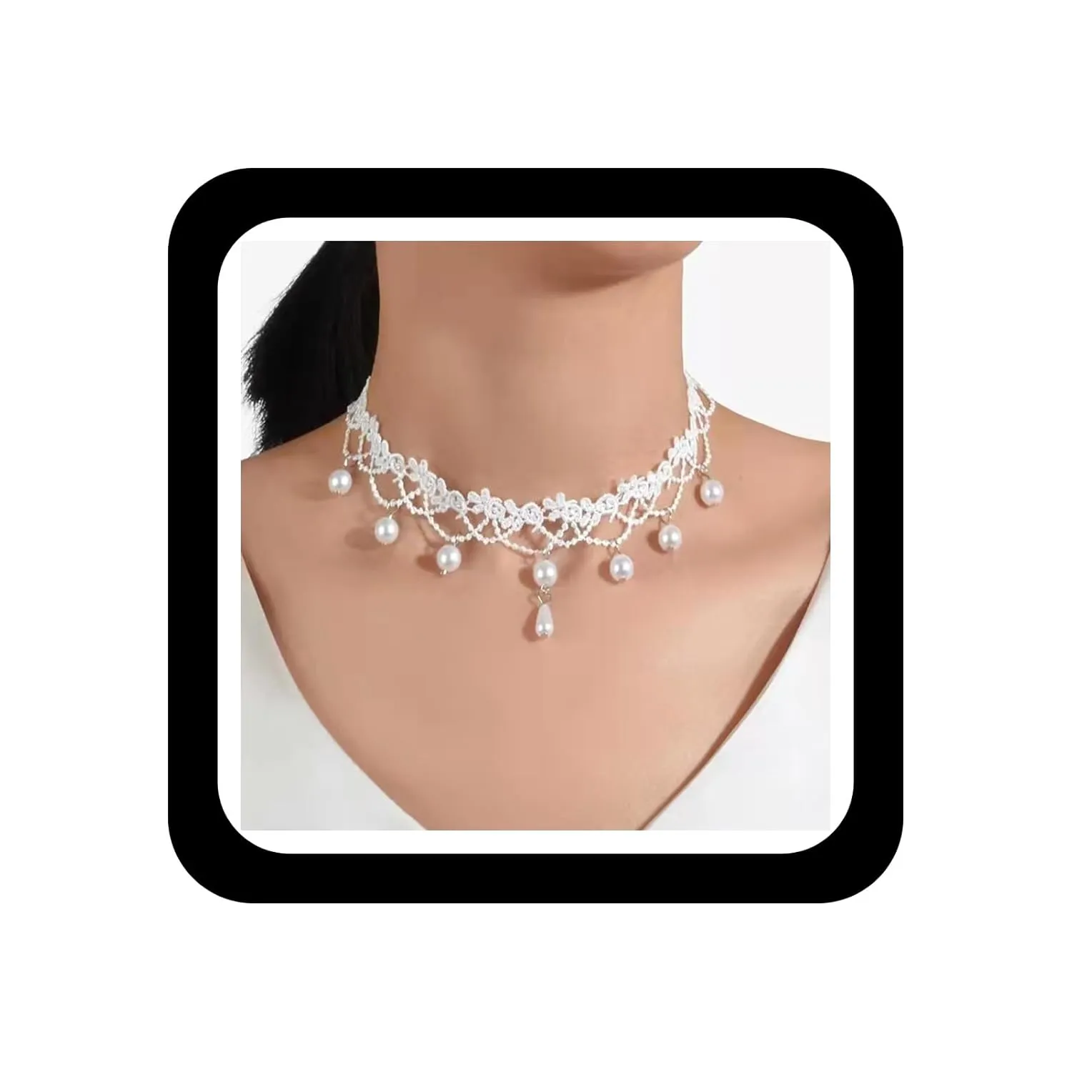 Boho Pearl Necklace White Lace Choker Vintage Pearl Pendant Chain Jewelry for Women