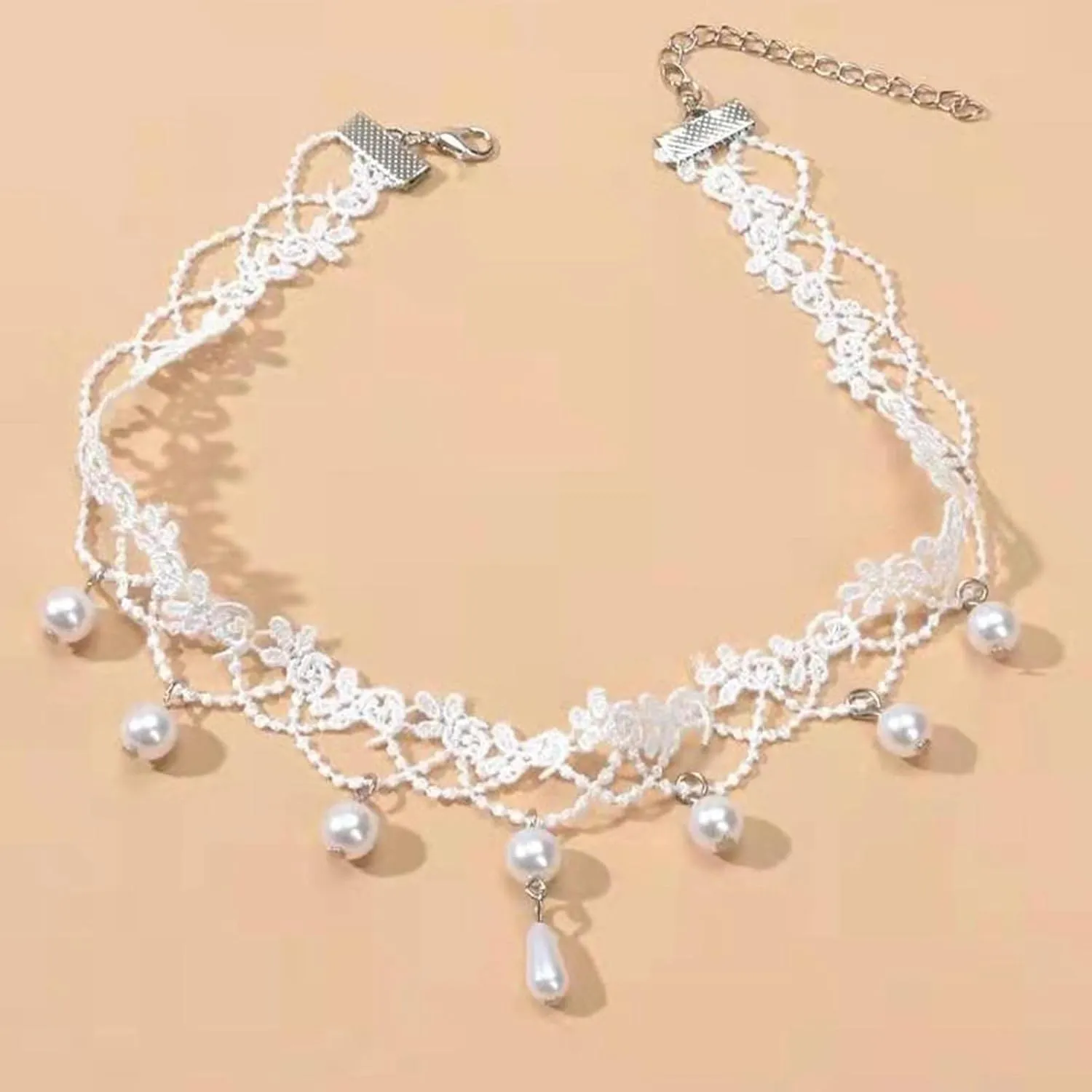 Boho Pearl Necklace White Lace Choker Vintage Pearl Pendant Chain Jewelry for Women