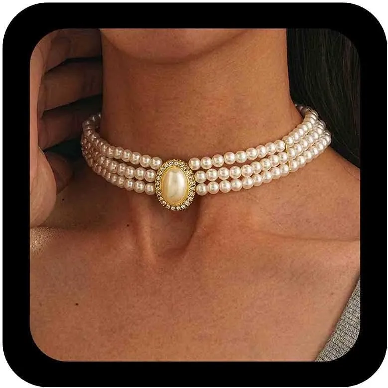 Boho Row Pearl Choker Necklace Gold Oval Pearl Chain Necklace Triple Strand Pearl Necklace Layered Pearl Collar Necklace Pearl Statement Necklace Jewelry for Women