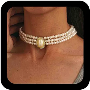 Boho Row Pearl Choker Necklace Gold Oval Pearl Chain Necklace Triple Strand Pearl Necklace Layered Pearl Collar Necklace Pearl Statement Necklace Jewelry for Women