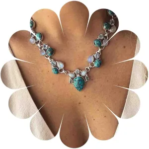 Boho Turquoise Moonstone Necklace Silver Opal Moonstone Teardrop Necklace Natural Gemstone Necklace Vintage Statement Necklace Chain Jewelry for Women