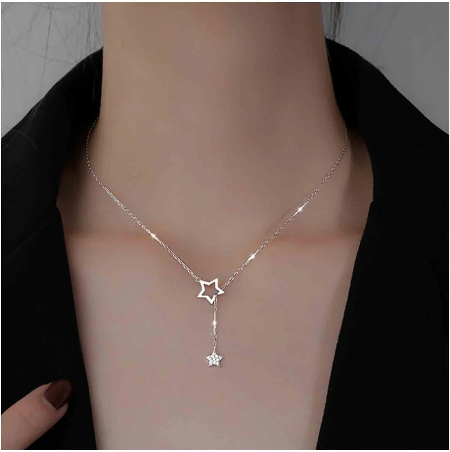 Boho Y Lariat Necklace Choker Gold Crystal Star Drop Pendant Minimalist Chain Jewelry for Women