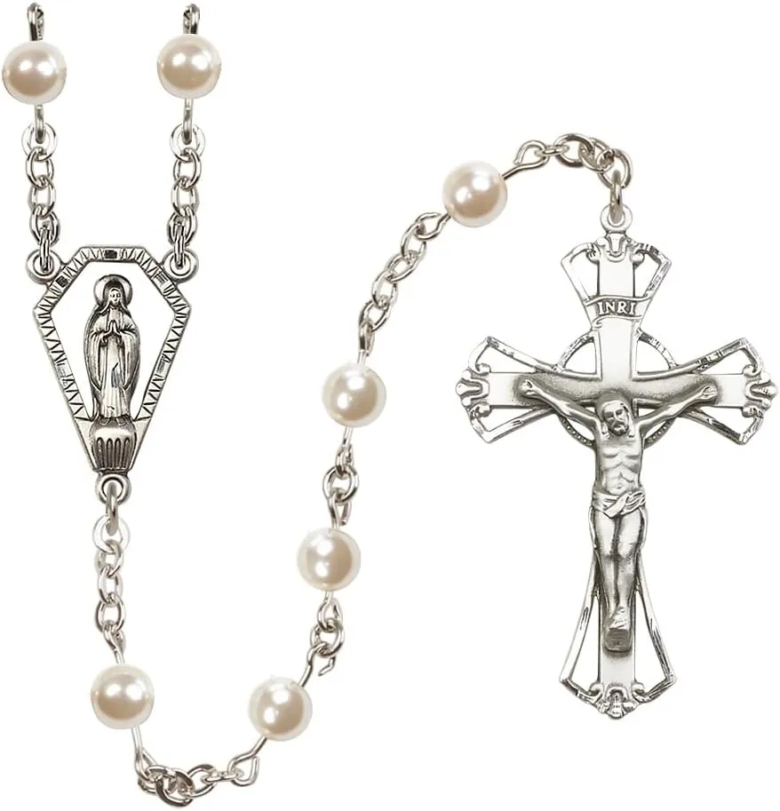 Bonyak Jewelry Sterling Silver 6mm Cream, Imitation Pearl Miraculous Rosary