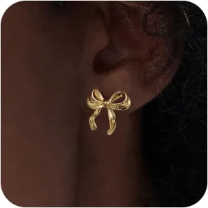 Bow Earrings for Women,14k Gold/Sterling Silver Plated Bow Ribbon Stud Earrings Drop Dangle Bow Tie Hoop Dainty Earrings Pearl Bow Earring Trendy Jewelry