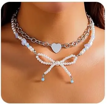 Bow Pearl Choker Necklace Crystal Bow Necklace Love Heart Layered Necklace Fashion Jewelry for Women