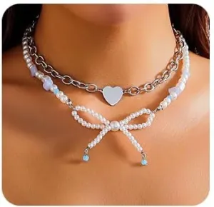 Bow Pearl Choker Necklace Crystal Bow Necklace Love Heart Layered Necklace Fashion Jewelry for Women