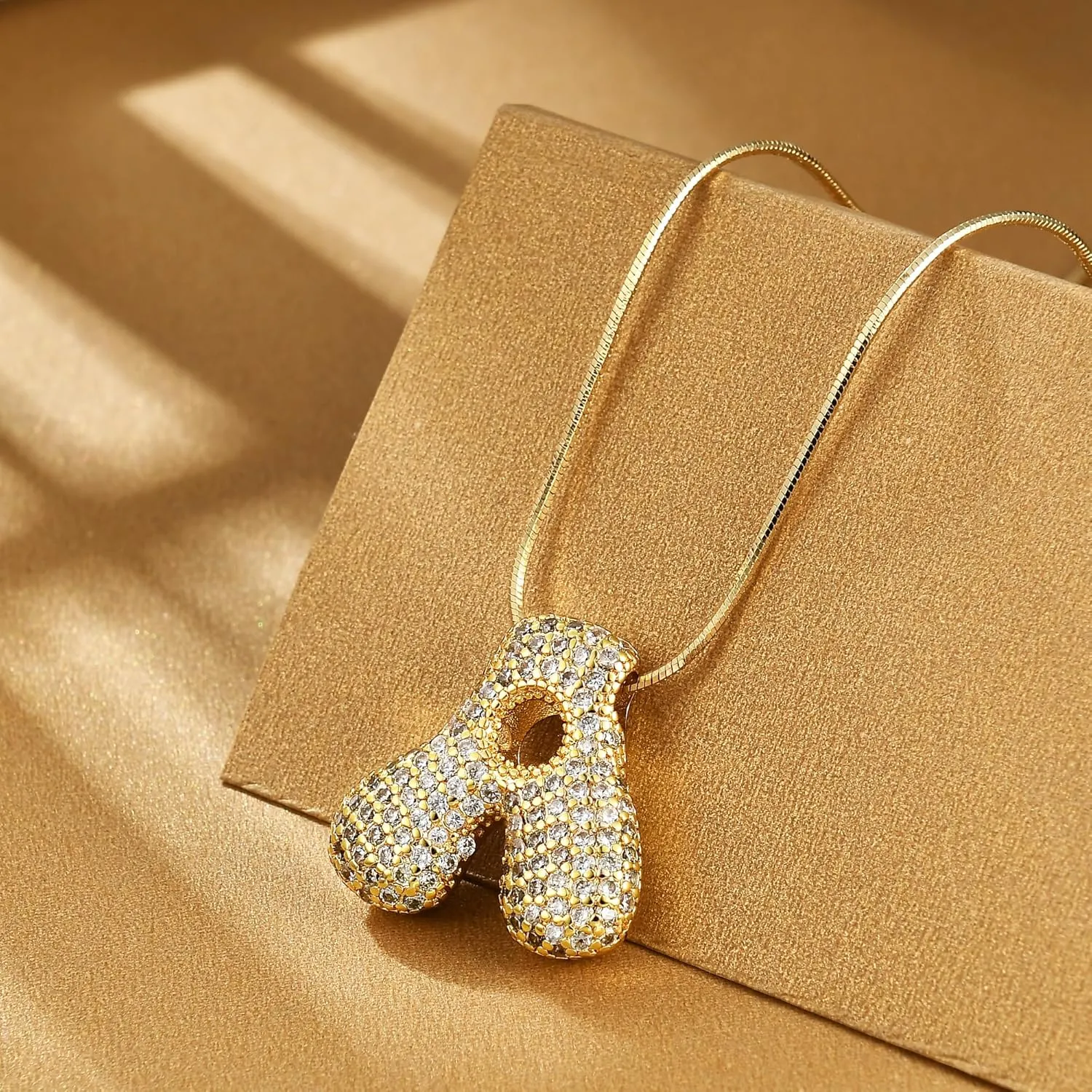 Bubble Letter Necklace, 14K Gold Plated Balloon Initial Pendant Snake Chain Necklace Dainty Iced Out CZ Jewelry Gift for Women