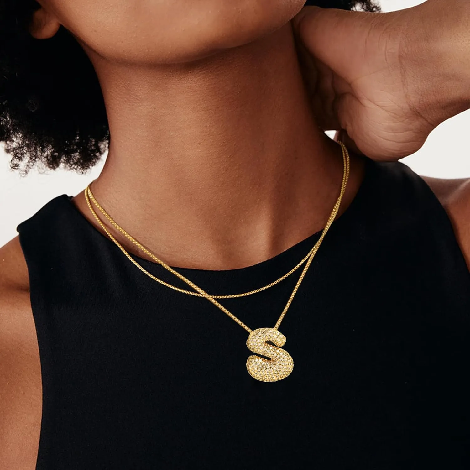Bubble Letter Necklace, 14K Gold Plated Balloon Initial Pendant Snake Chain Necklace Dainty Iced Out CZ Jewelry Gift for Women