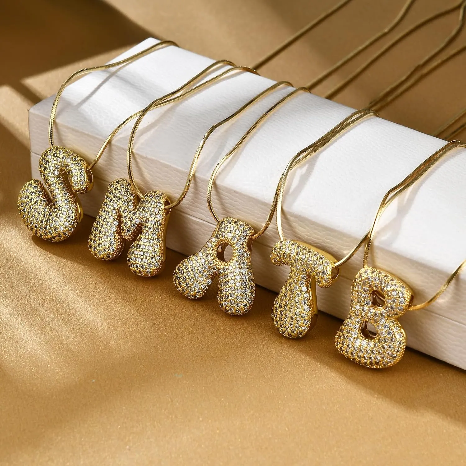 Bubble Letter Necklace, 14K Gold Plated Balloon Initial Pendant Snake Chain Necklace Dainty Iced Out CZ Jewelry Gift for Women