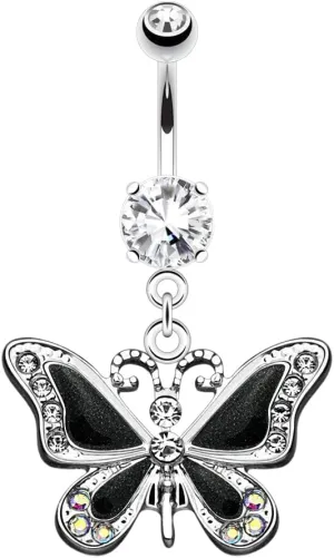 Butterfly with CZ Dangle Belly Button Navel Ring 14g 3/8" Black Body Unique Jewelry Delicate Design Piercing Steel Surgical For Women