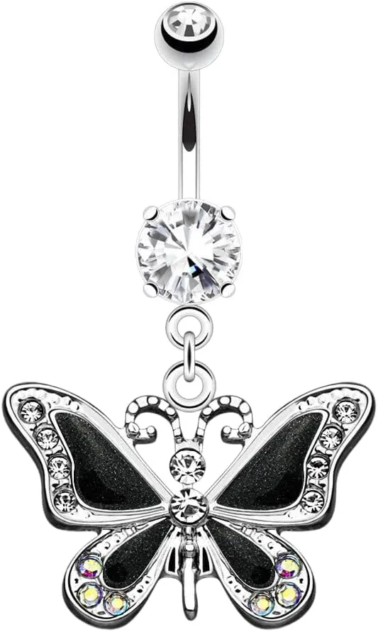 Butterfly with CZ Dangle Belly Button Navel Ring 14g 3/8" Black Body Unique Jewelry Delicate Design Piercing Steel Surgical For Women