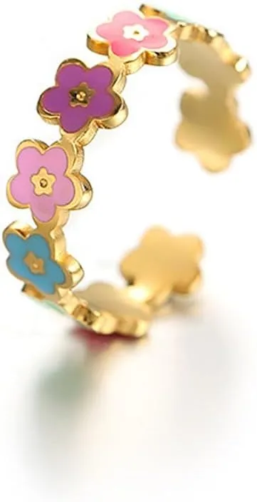 Caiyao Colorful Daisy Flower Rings Enamel Titanium Steel Ring Adjustable Open Ring for Women Friendship