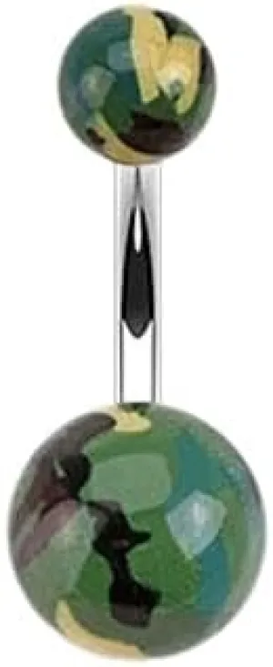 Camo Camouflage Printed Balls Acrylic Belly Button Navel Ring 14g 7/16" Green/Brown Camouflage Body Unique Jewelry Delicate Design Piercing Steel Surgical For Women