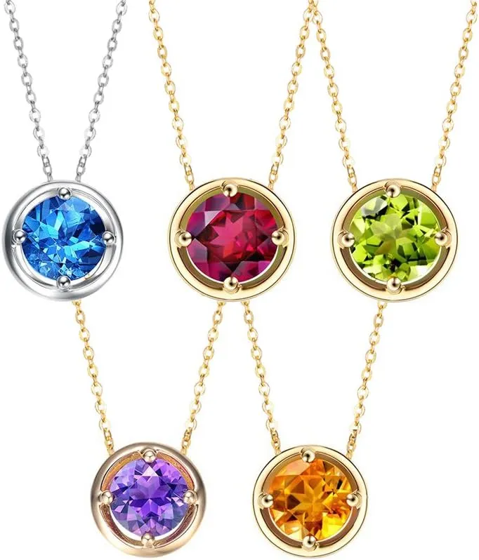 Carleen 14K Solid Yellow Gold Round Birthstone Necklace for Women Amethyst Peridot Citrine Solitaire Pendant Necklace Delicate Dainty Fine Jewelry Gift for Women Mom Girlfriend, 18INCH