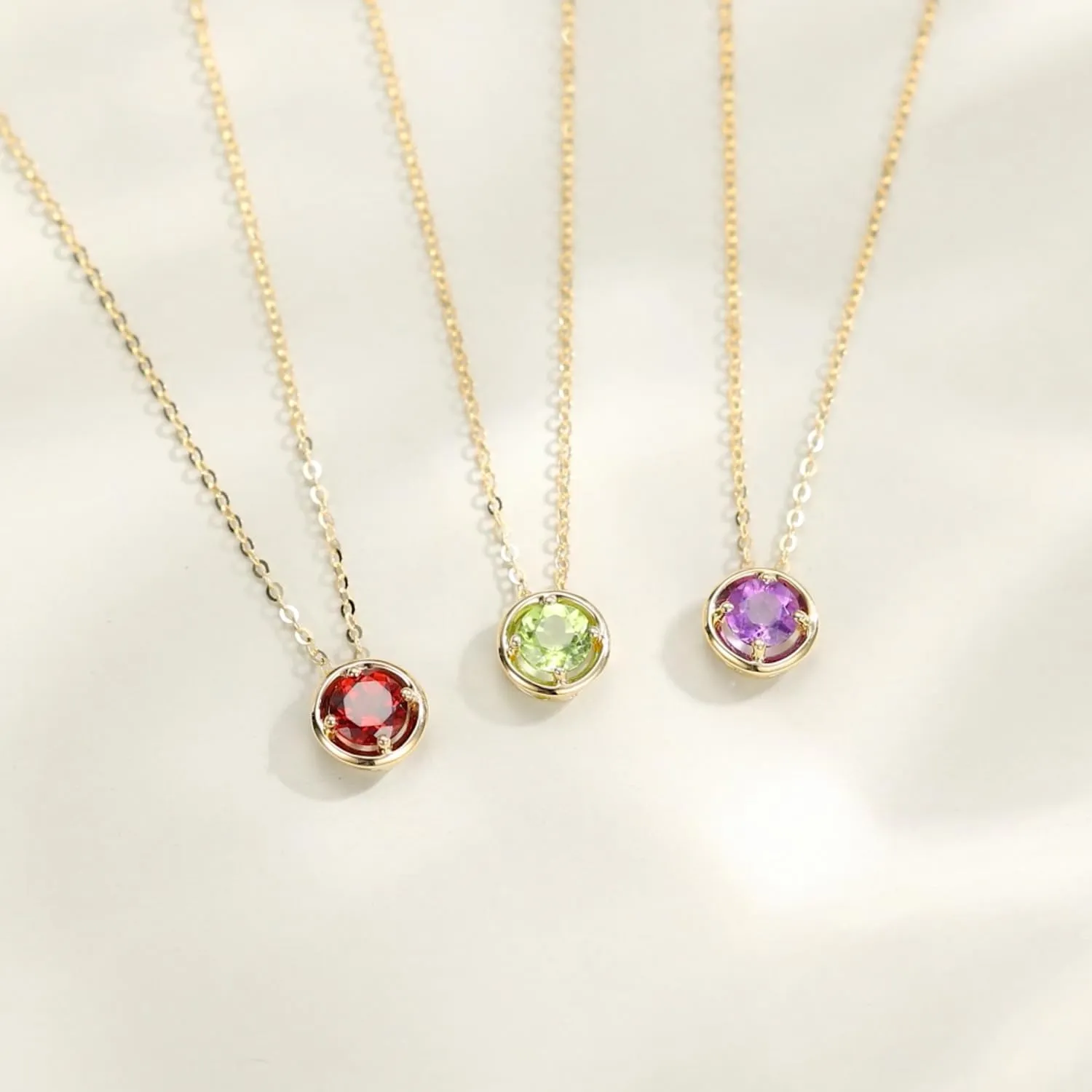 Carleen 14K Solid Yellow Gold Round Birthstone Necklace for Women Amethyst Peridot Citrine Solitaire Pendant Necklace Delicate Dainty Fine Jewelry Gift for Women Mom Girlfriend, 18INCH