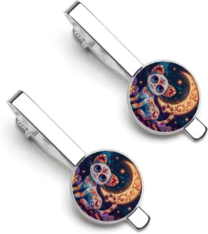 Cat & Moon Skull Dia De Los Muertos Men's Tie Clip Round Tie Bar Tie Tack Pins Personalized Tie Clasp Jewelry Accessories